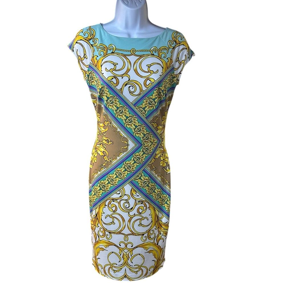 Cache Baroque Chain Print Sheath Dress Gold Aqua Y2K Bodycon Size Small
